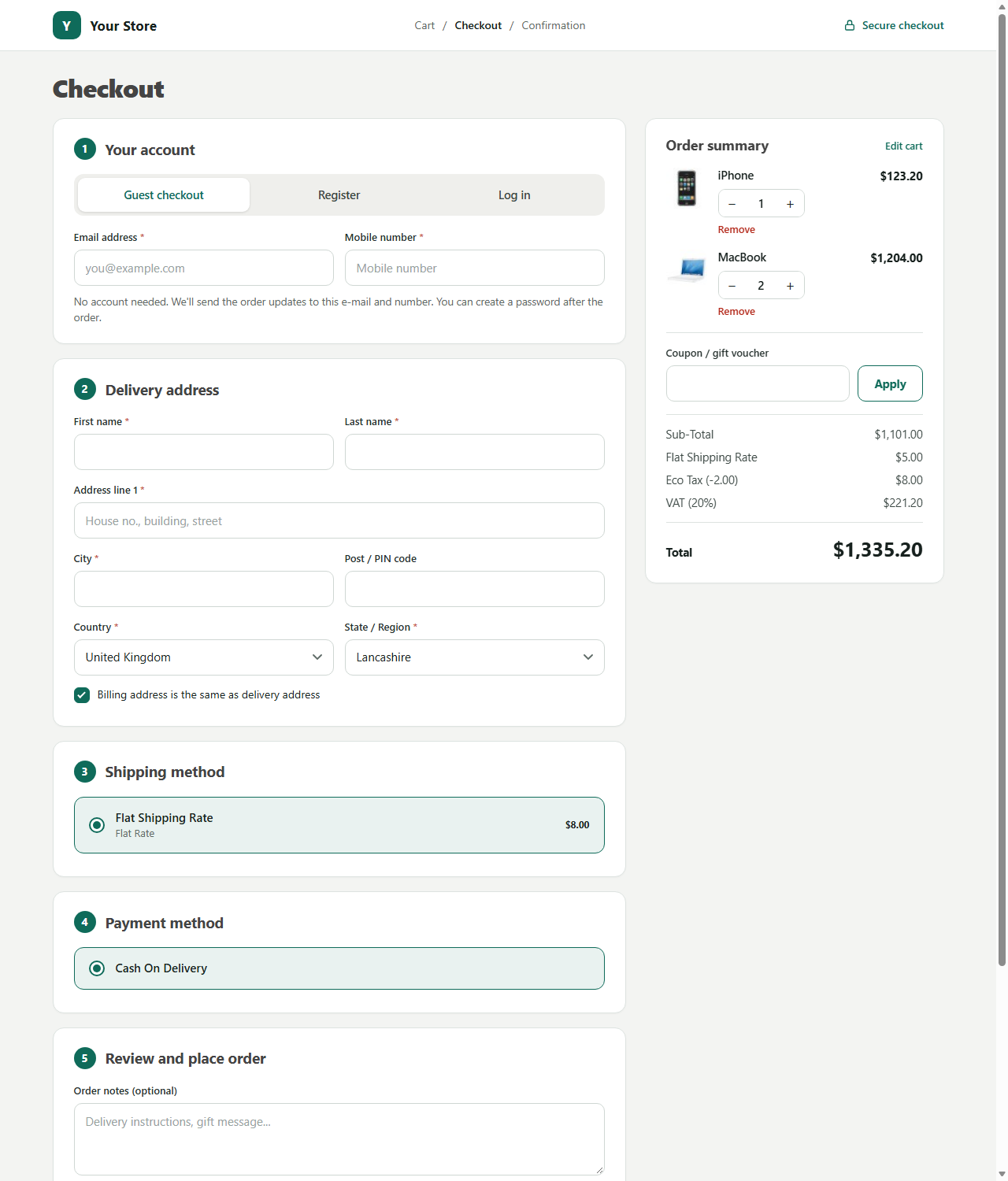 One page checkout, desktop
